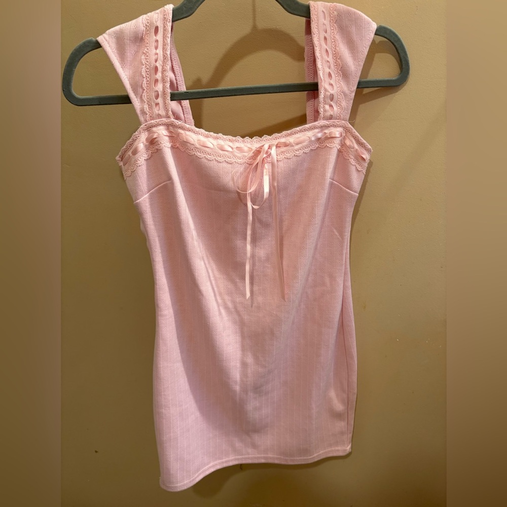 NWOT Charlotte Russe Pink Coquette Mini Dress Ribbon/Lace Trim Women’s Size M - Picture 3 of 11
